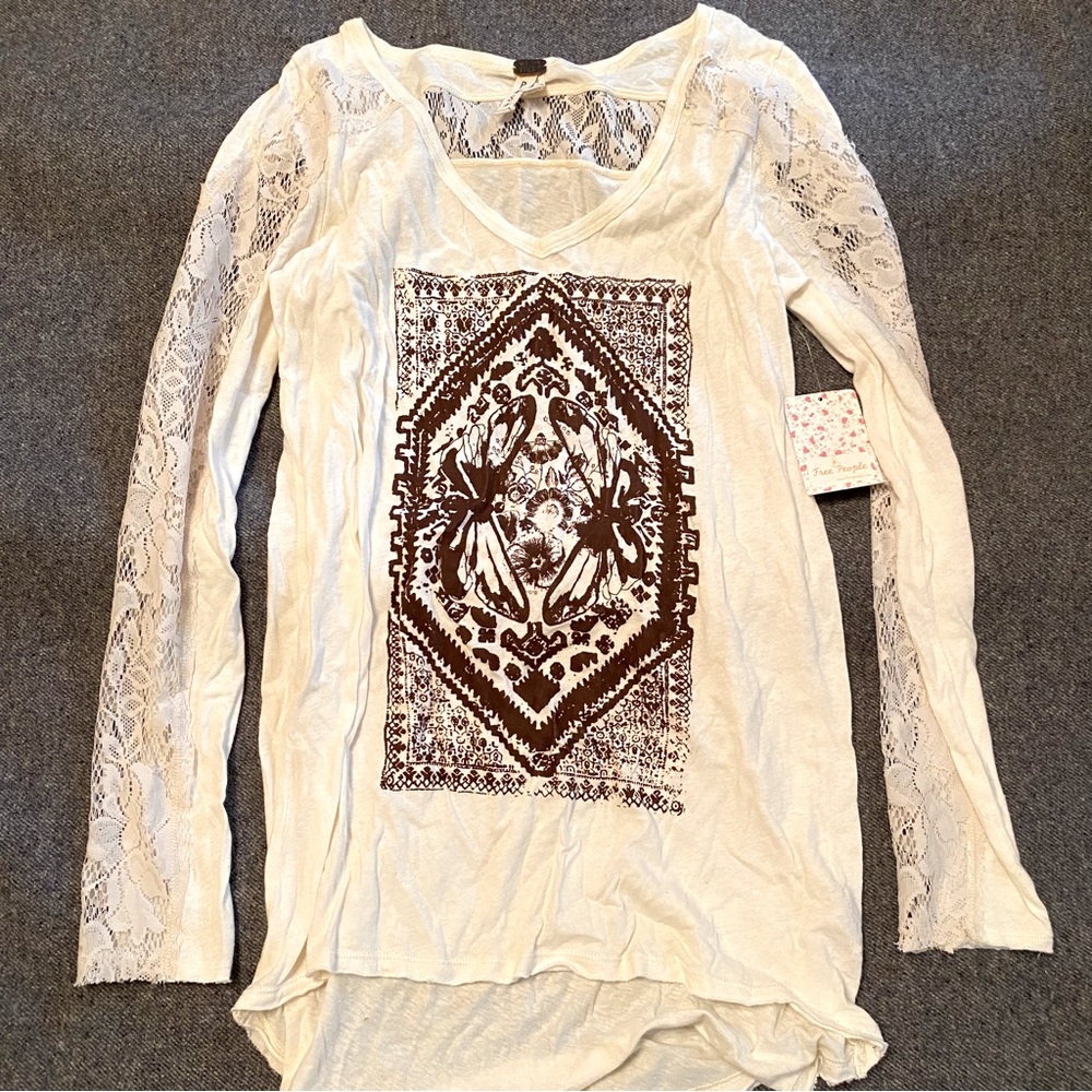 Free People Long Sleeve Butterfly Print Lace Ivory Comb Shirt
